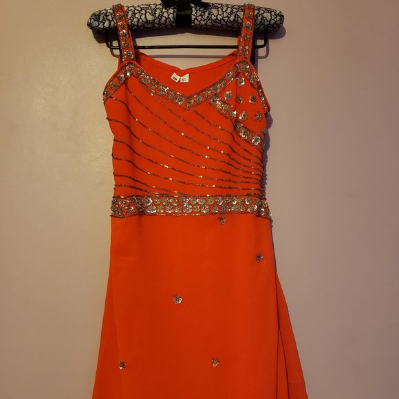 Girl's Bright Orange Sequined Dress - Gently used. - Picture 1 of 7